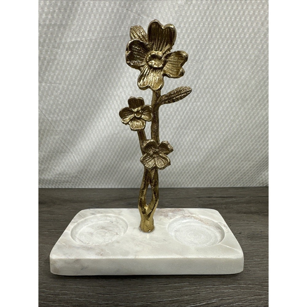 Gold Flower necklace trinket Dish Marble Base Holder Vanity Decor Gold Cast Gray